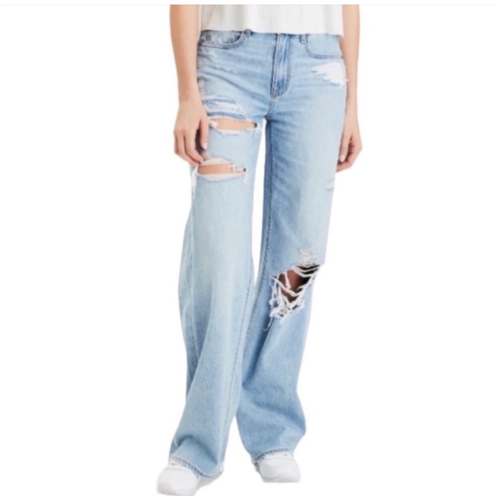 American Eagle Skater Jeans Light Wash Distressed Baggy Fit Size 18 Short